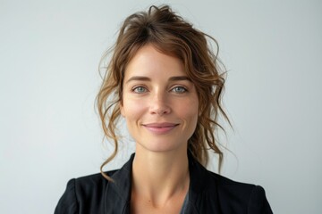 Fototapeta premium A woman with long brown hair and a black jacket is smiling