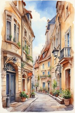 Fototapeta watercolor illustration of cosy charming european street