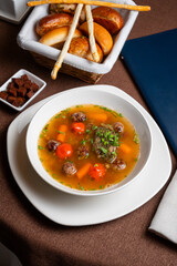 Gastronomic Delight: Steak and Salad, Soup and Meatballs, Dessert and Wine in the Taste Workshop under the Guidance of the Chef: Food Photos from the Best Cafés and Restaurants.