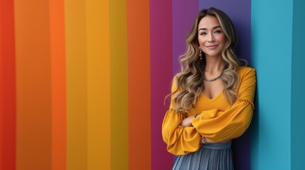 Fototapeta premium A woman in a yellow shirt stands in front of a colorful wall