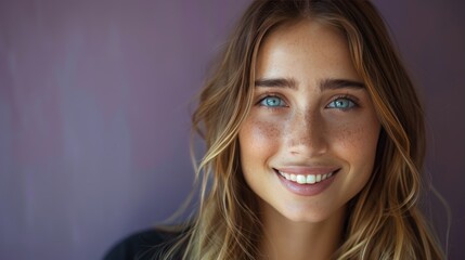 Naklejka premium A woman with blue eyes and brown hair is smiling