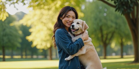 A smiling woman holding a golden retriever in a sunny park, conveying warmth and companionship; ideal for pet-related events or spring/summer themes.