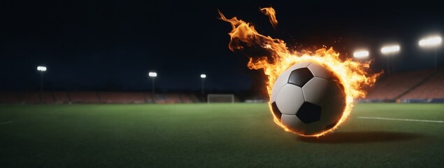 A soccer ball engulfed in flames on a field at night evokes excitement and energy, ideal for promoting soccer events or championships.