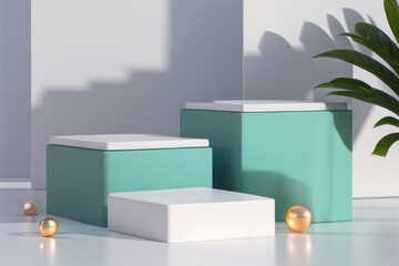 Minimalist composition with turquoise pedestals and golden spheres, perfect for product display or modern showcase presentations.