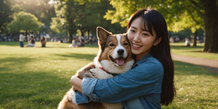 A joyful woman in a casual denim jacket embraces her smiling Corgi in a sunny park, depicting companionship and happiness, ideal for pet-related events.