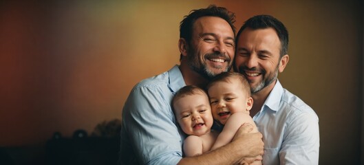 LGBTQ+, A joyful portrait of a same-sex couple with their twin babies, radiating love and happiness, ideal for themes like Father's Day or celebrating diversity.