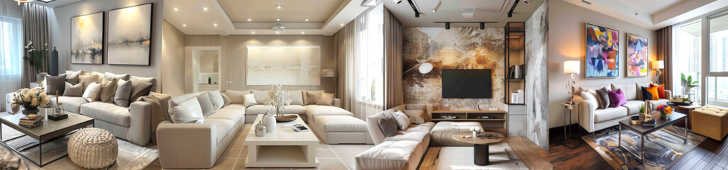 Moderne Zimmer im Möbelhaus - Wohnzimmer, Innenarchitektur Panorama - 760379574