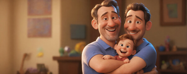 LGBTQ+, Animated family scene with two men and a baby hugging and smiling, perfect for Father's Day promotions or parenting themes.