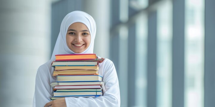 A smiling musalim isalamic woman in a hijab holding a stack of books, symbolizing education and diversity, suitable for academic or literacy-themed events.