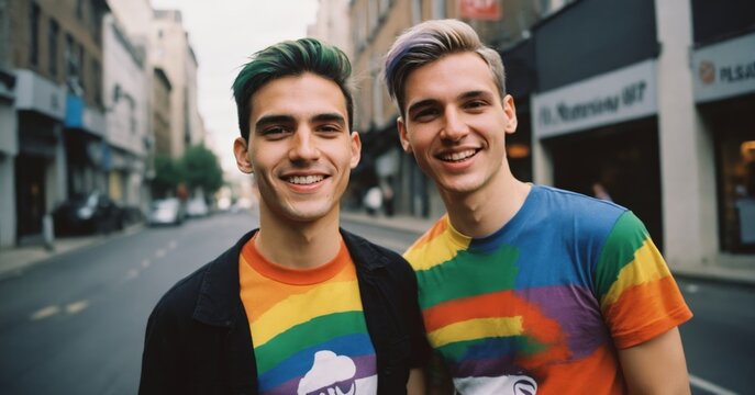 Image features two smiling individuals in rainbow t-shirts, symbolizing LGBTQ+ pride, exuding a joyful urban summer vibe, suitable for events related to Pride and diversity celebrations.