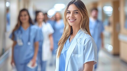 A group of nurses are walking down a hallway with smiles on their faces - Powered by Adobe