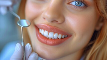 A woman is smiling while a dentist examines her teeth