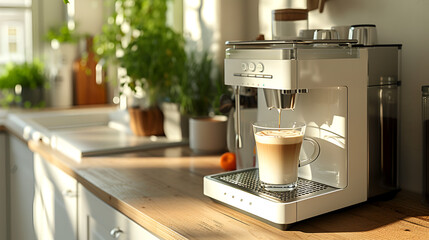 White coffee machine making caffe latte into a transparent glass.  generative ai 
