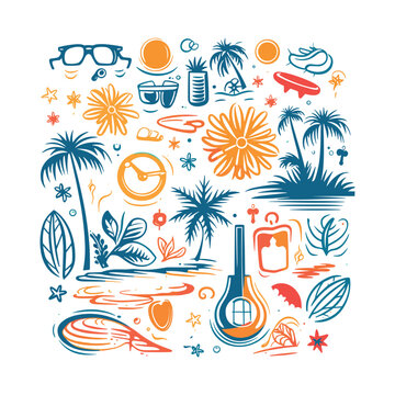 Summer vector elements, Vector Illustrations for Summer, Line Art Graphics for Summer, Beach-Themed Vector Elements, Summer Line Art Vectors, 