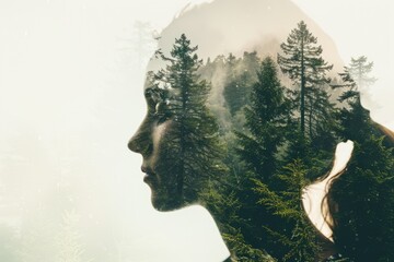beautiful double exposure of a woman head and forest with hills