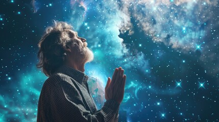 man praying infront of universe nebula or galaxy night sky view - obrazy, fototapety, plakaty