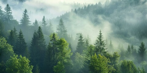 beautiful view ofer a foggy forest from hill