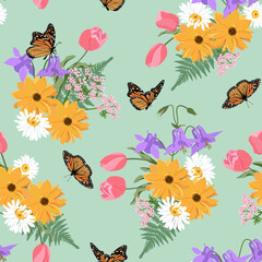 Seamless vector illustration with bouquet dahlia, tulips, chamomile and butterflies. - obrazy, fototapety, plakaty