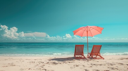 Two deck chairs under a pink umbrella on a bright blue beach