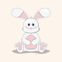 Vector illustration of a cartoon cute white Easter bunny with big ears.