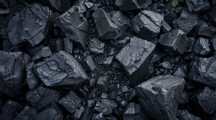 Pile of coal. Black coal texture background. Top view.