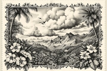 Monochrome Majesty. Line Art Postage Stamp Featuring a Tropical Rainforest Scene with Flower-Rich Mountains Beneath a Cloud-Laden Sky.