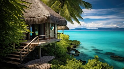 Fototapeta premium luxury paradise bungalow building illustration oceanfront retreat, serene relaxation, getaway tranquil luxury paradise bungalow building