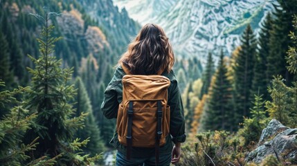 Back view of young woman with backpack hiking in the mountains. Hiking concept - obrazy, fototapety, plakaty