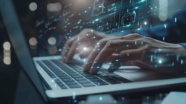 Man hands typing on laptop computer keyboard and surfing the internet on office table, online working, business and technology, internet network communication concept, close up. Generative AI