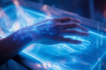 A hand is projected on a blue screen, with the fingers spread out and the palm facing the digital future technology screen. Concept of wonder and fascination