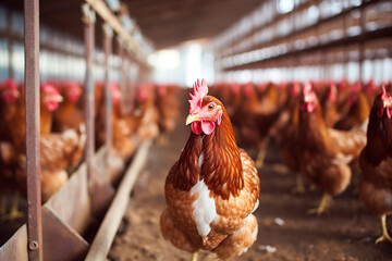 Chicken farm. Egg-laying chicken in cages. Commercial hens poultry farming. Layer hens livestock farm. Intensive poultry farming in close systems. Egg production agriculture. Domesticated birds - obrazy, fototapety, plakaty