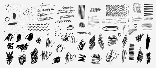 Set of grungy graphic dirty scribble elements. Hand drawn textured punk style hatching. Artistic black charcoal isolated pencil doodle scratches, hatches, scribbles and marks for punk style collage - 760382574