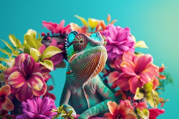 Cute chameleon in a wreath of flowers on a blue background, colorful funny tropical animal