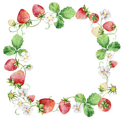Watercolor strawberries wreath, red berries