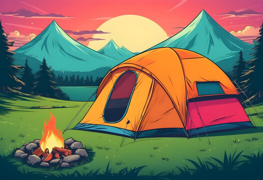 A cartoon of a tent and a campfire in a field, camping tent placed on a green meadow in the evening in nature background illustration Generative ai