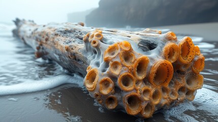 A close-up of weathered driftwood on a foggy beach, covered in orange sea sponges, showcasing...