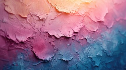 Close-up of colorful layers of acrylic paint, with rich textures and a gradient of pink to blue...
