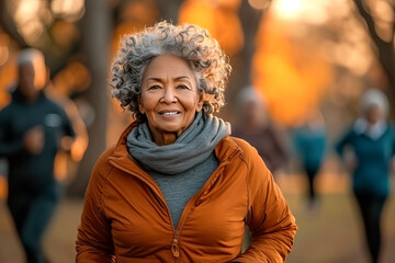 Smiling active senior woman jogging running and walking doing fitness in the park