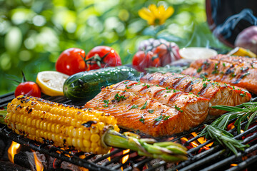 Fototapeta premium Grilled salmon fillets and vegetables on summer BBQ. Fresh, charred seafood and corn with garden herbs. Outdoor cooking, healthy protein-rich meal