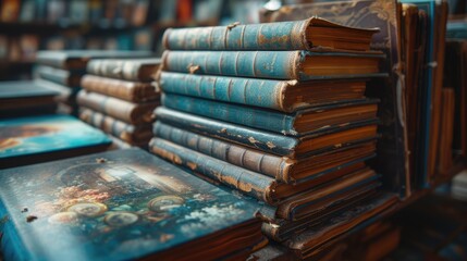 A pile of well-worn vintage books in a quaint antiquarian bookshop evokes a sense of history and the love of reading. - obrazy, fototapety, plakaty