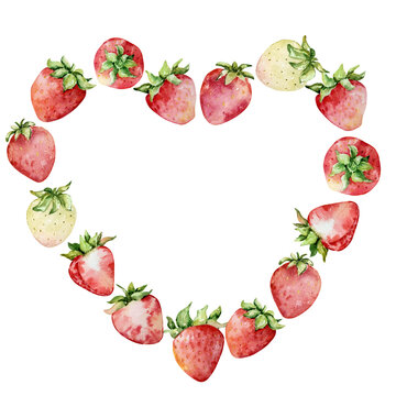 Watercolor strawberries heart wreath, red berries