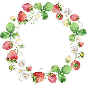 Watercolor strawberries wreath, red berries