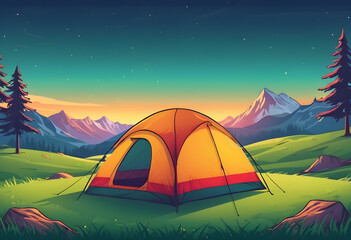 A cartoon of a tent and a campfire in a field, camping tent placed on a green meadow in the evening in nature background illustration Generative ai - obrazy, fototapety, plakaty