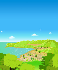 해변가 초가집 마을 전경 일러스트
Seaside thatched village view illustration