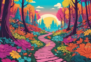 A colorful landscape with a path and flowers, a cartoon of a pink path in a forest Enchanting woodland pathway adorned with magical background illustrations Generative ai