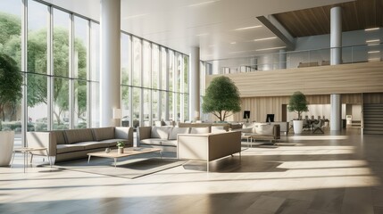 entrance lobby office building illustration desk waiting, seating modern, architecture corporate entrance lobby office building - obrazy, fototapety, plakaty