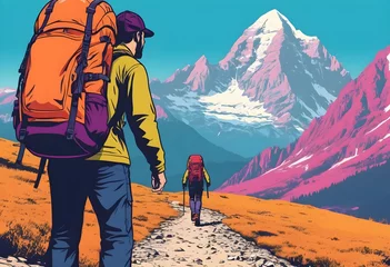 Abwaschbare Fototapete A person walking on a mountain hiking through an epic mountain landscape with a big backpack background illustration Generative ai © Amir