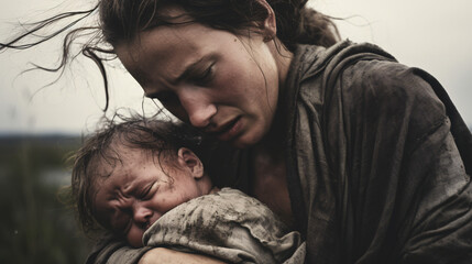 candid shot of a mother crying and holding a baby. life inside a refugee camp.sad mother holding his wounded son in cold windy weather, consequences of war concept.

