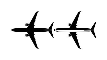 airplane top view, black isolated silhouette