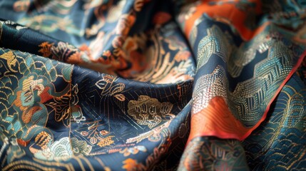 Asian fabric pattern. Traditional oriental beautifully folded textile with ornaments